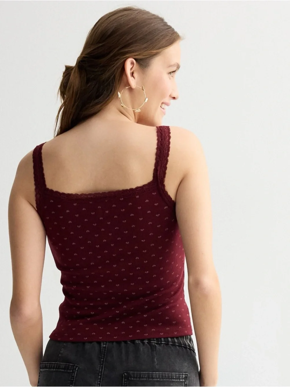 SO Lace Trim Henley Ribbed Tank Top Cami - Picture 3 of 8